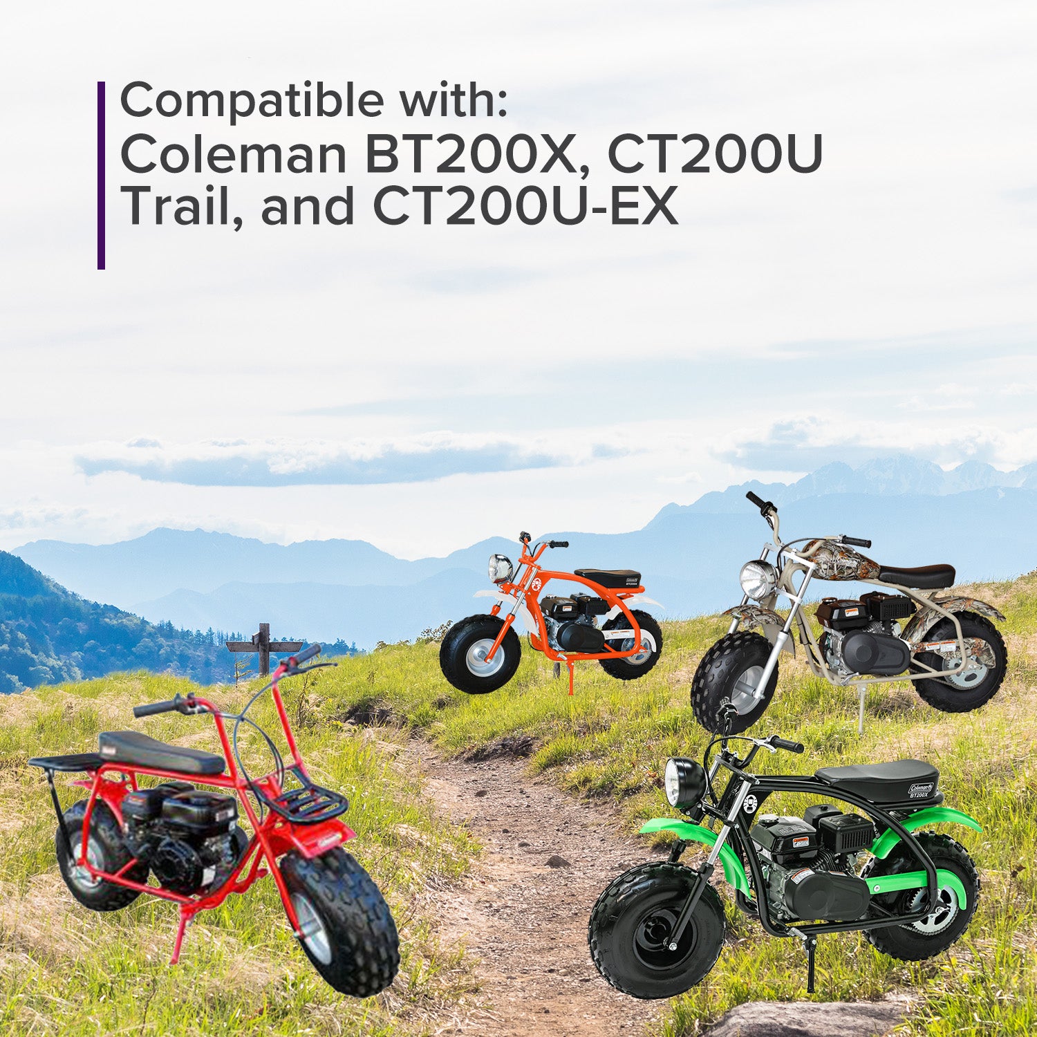 Standard Rear Axle Adjusting Assembly for Coleman BT200X, CT200U Trail, & CT200U-EX Mini Bikes shown on a grassy field, part of a group of motorcycles.