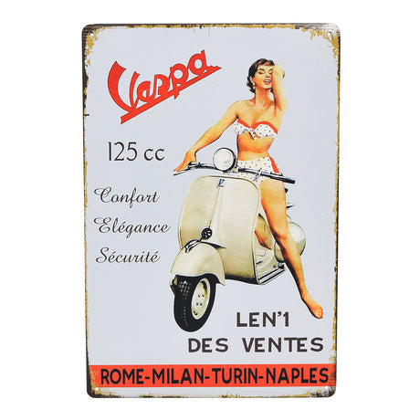 12 x 8 Retro Vespa Scooter Metal Sign features a woman riding a scooter, capturing vintage charm. This high-quality tinplate sign includes four tack holes for easy mounting.