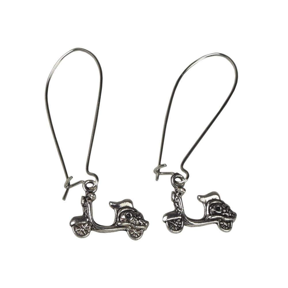 Motor Scooter Earring Set: A pair of silver earrings designed in a classic Euro-scooter shape with French hooks, perfect for scooter enthusiasts.