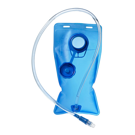 2 Liter Replacement Bladder with a long tube, featuring a large opening with Zip-Fit closure. Ideal for hydropacks, it includes a high-flow mouthpiece with a cover and shut-off valve.