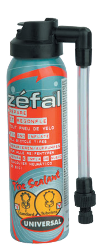 Zefal Z-SEALANT - 3.3 oz Bottle, an aerosol tire sealant designed for puncture prevention, is depicted here. The cylindrical bottle is essential for both tubeless and standard bicycle tires, repairing up to 2mm tears.