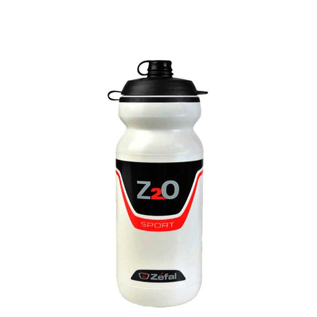 Zéfal Z20 Sport 25 oz. Water Bottle featuring a white body with a black lid, ideal for cyclists and hikers, made from BPA-free low-density polyethylene with a pressure-activated valve and flip top cover.