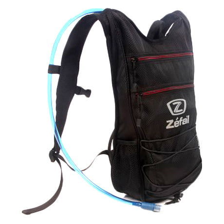 Zéfal Z-Light Hydro S2 Liter Hydropack featuring a sleek black design, visible blue hydration tube, large central pocket, and side mesh pockets for organization. Ideal for cyclists and hikers.