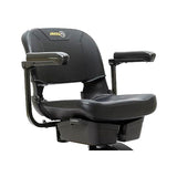 17 Seat Assembly with Armrests for the Jazzy Zero Turn (ZT) featuring a black chair with armrests, steel seat base plate, and easy-to-clean black vinyl seat covers.