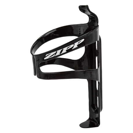 Zipp Carbon Fiber Bottle Cage: sleek black design, lightweight and durable, ideal for serious cyclists. Holds standard bottles securely with easy access, includes mounting bolts.