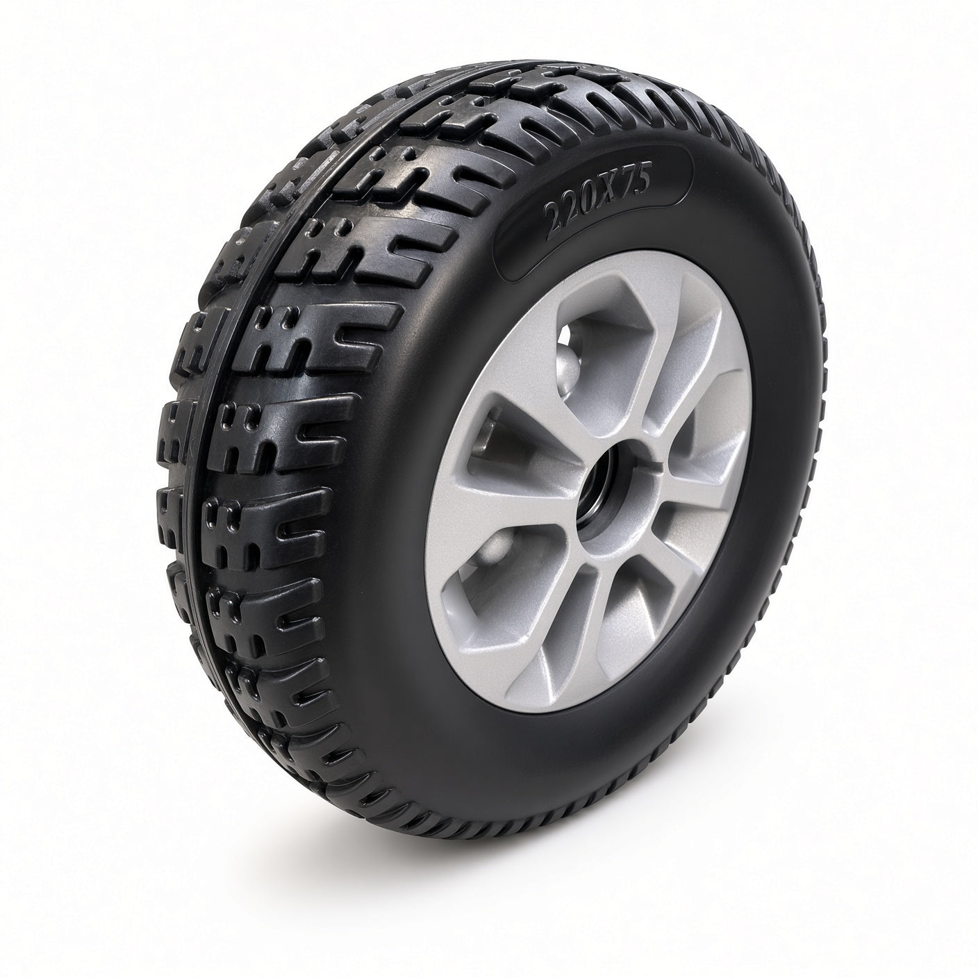 Golden LiteRider GL141 front wheel assembly MBW-LTRD-MAG-AL4 — 220x75 solid black knobby tire on a silver mag rim, angled view
