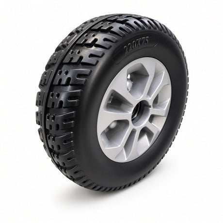 Golden LiteRider GL141 front wheel assembly MBW-LTRD-MAG-AL4 — 220x75 solid black knobby tire on a silver mag rim, angled view