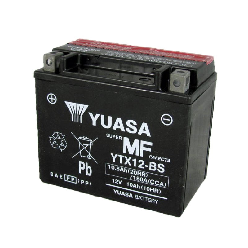 12 Volt YTX12 Sealed AGM Scooter, ATV, and Dirt Bike Battery; close-up of a black battery with white text displaying brand and specifications.