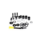 Motor and Brake Assembly for Jazzy Select Elite & Pride TSS 300, featuring black rings, a black rectangular object, and cylindrical components, including the motor, brake, free wheel lever, and necessary hardware.