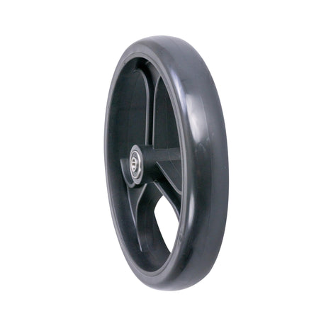 8 Front Wheel for the Drive Medical D-Lite Rollator (750N), featuring a 3-spoke black wheel assembly with a metal center and pre-installed bearings and spacer.